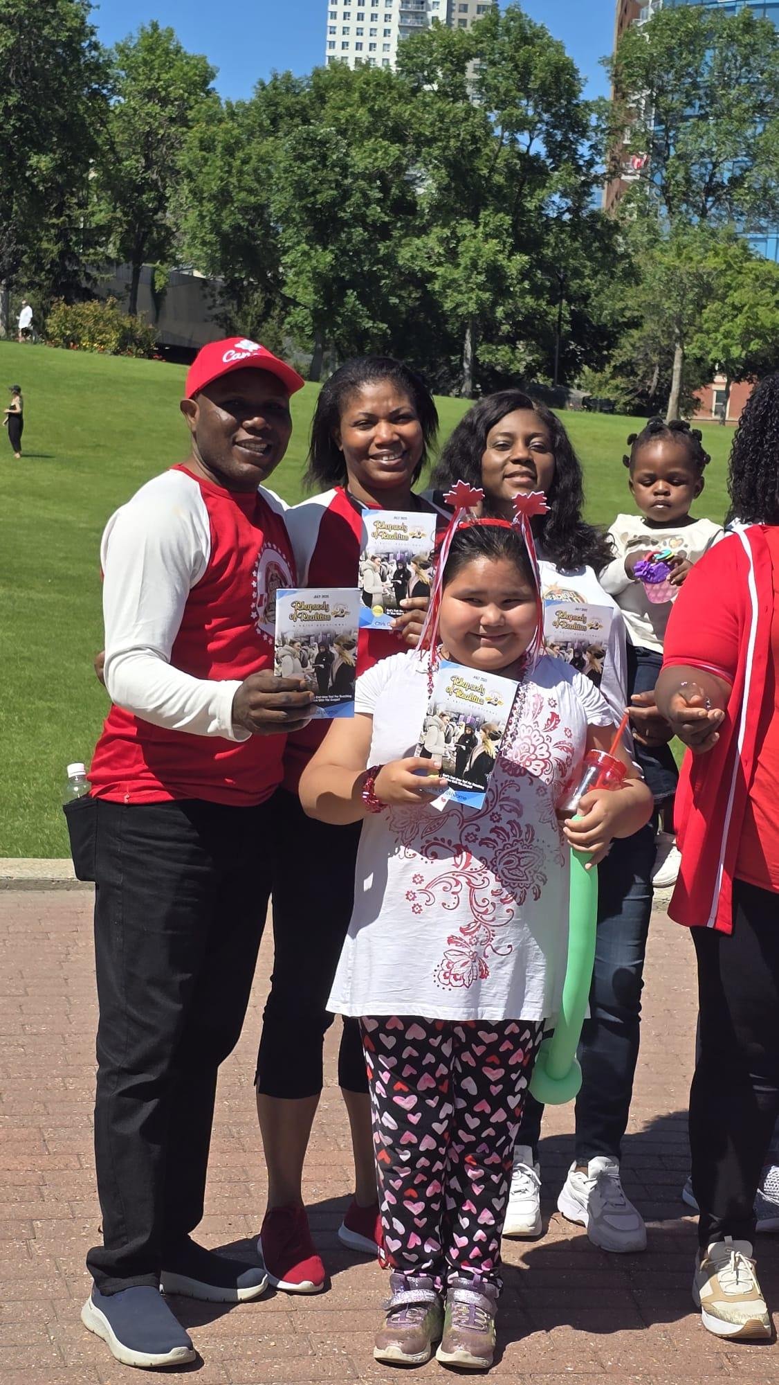 Family group with Rhapsody materials outdoors